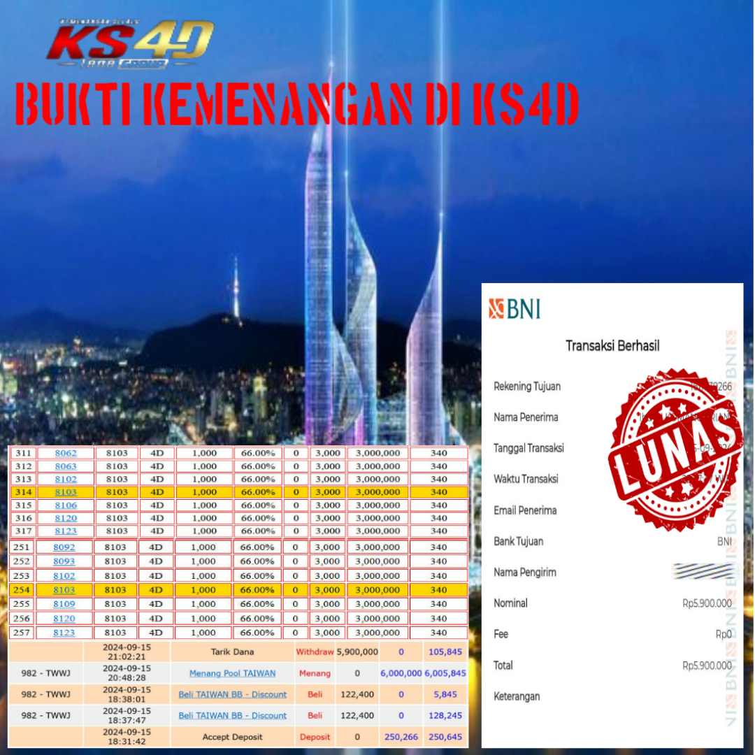 BUKTI KEMENANGAN PERMAINAN TOGEL TAIWAN 15 SEPTEMBER 2024